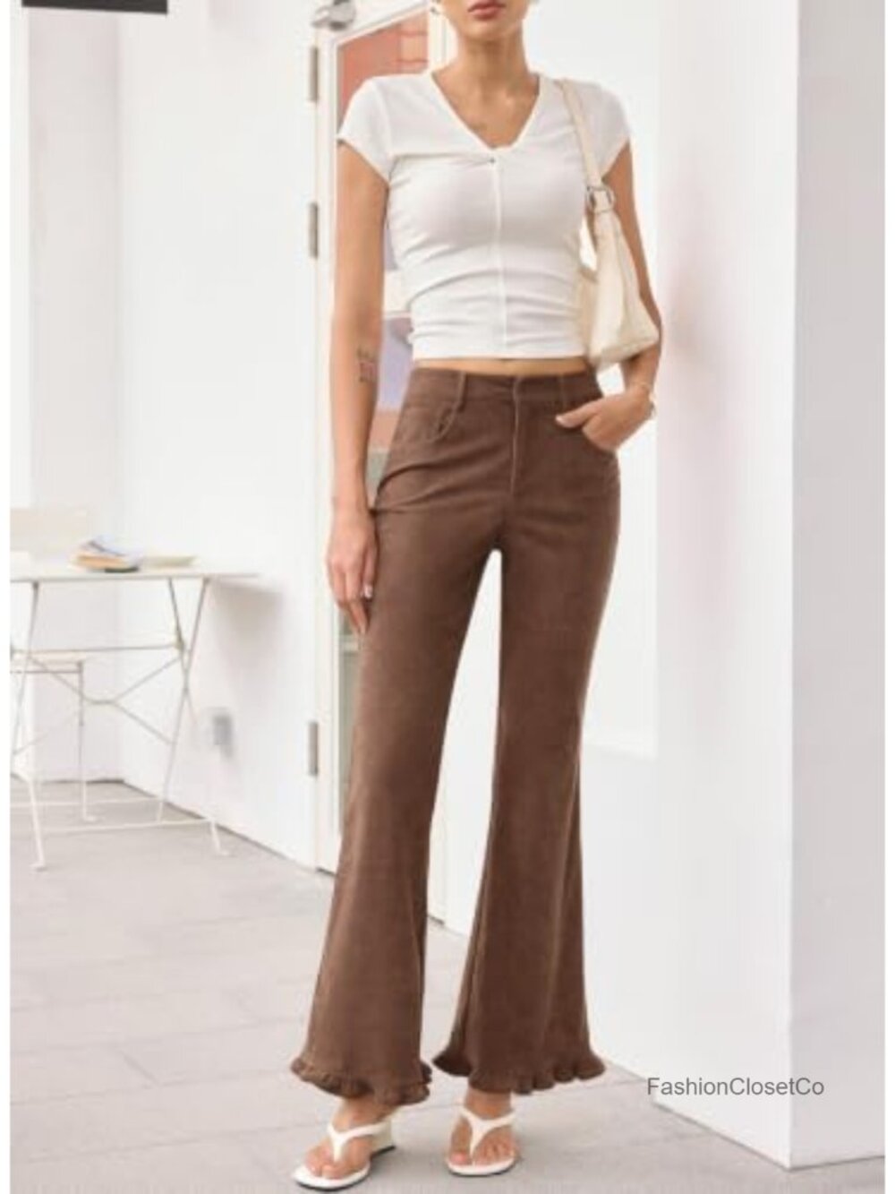 Women's High Waisted Corduroy Flare Pants Retro Button Front Pockets - Picture 5 of 6